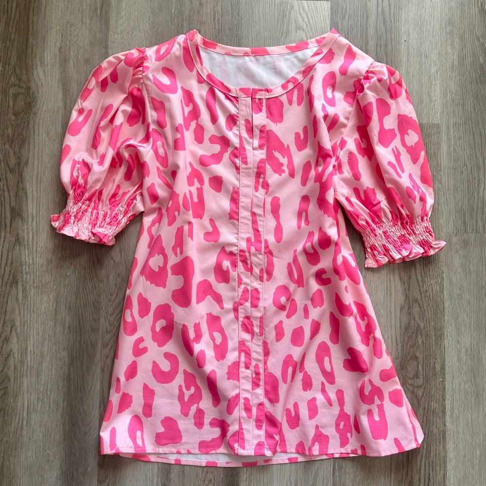 Pink Leopard Print V-neck Bubble Sleeve Smocked Blouse Top Silk Boutique Ruffle - Picture 5 of 12